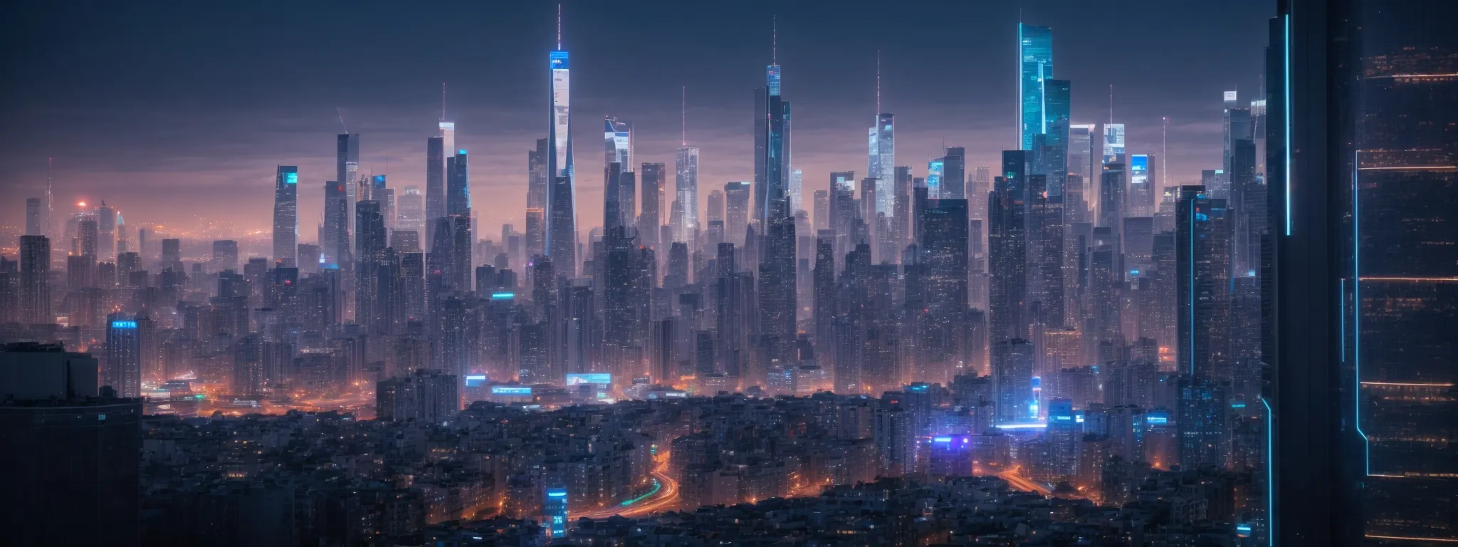 a futuristic city skyline at dusk, illuminated by digital billboards and interactive holographic displays, symbolizing the integration of advanced technology and advertising.