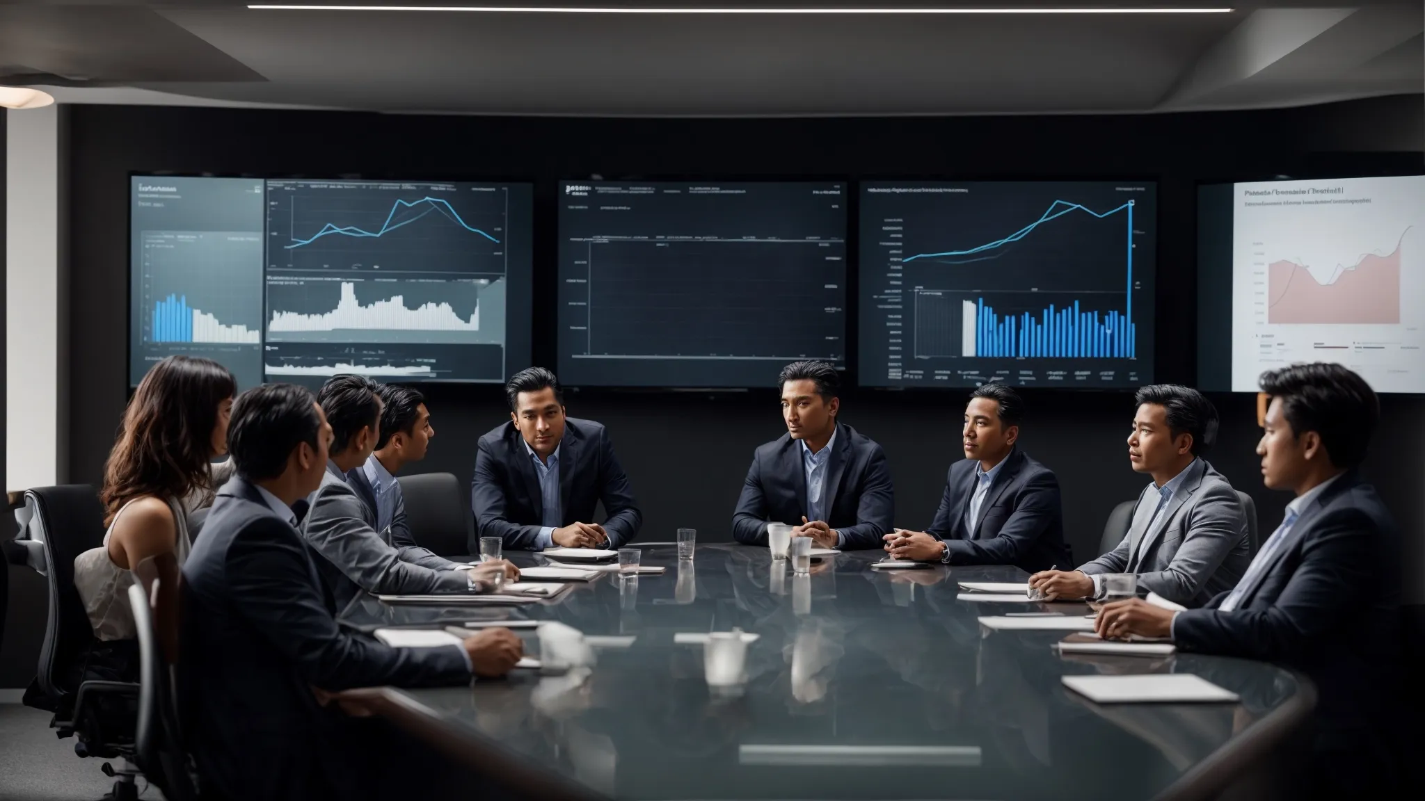 a group of professionals gathered around a conference table, viewing a presentation on a large screen displaying graphs and analytics.