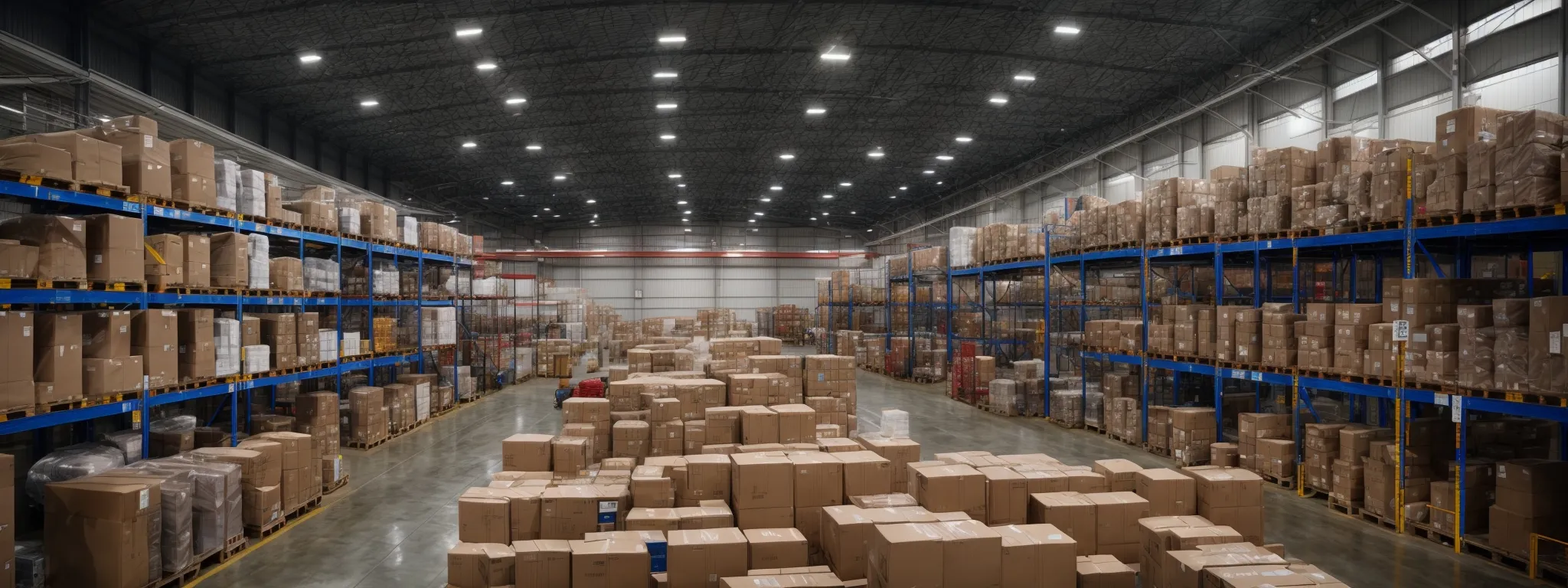 a wide-angle view of a bustling e-commerce warehouse with rows of diverse products ready for shipping.