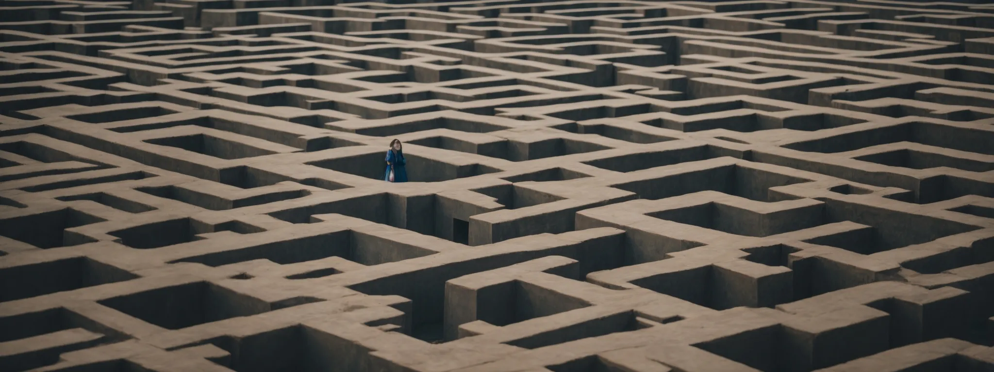 a person standing at the entrance of a large maze, symbolizing the beginning of the journey to understanding user's search intentions.