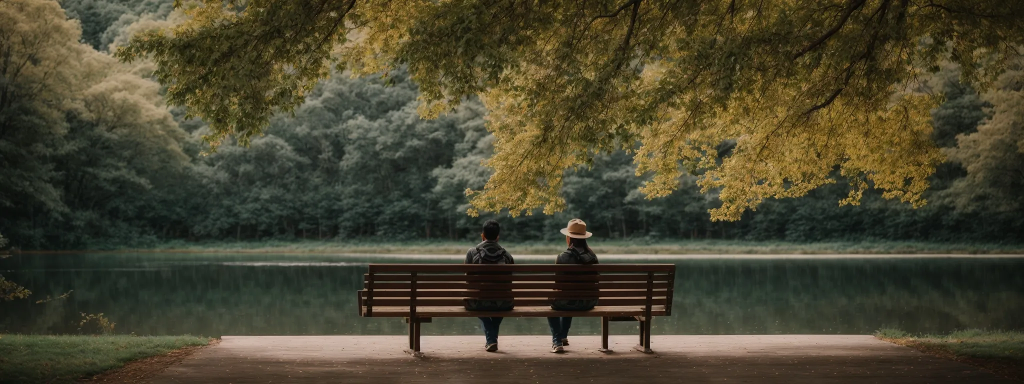 a person relaxing on a park bench, gazing at a serene lake surrounded by trees.