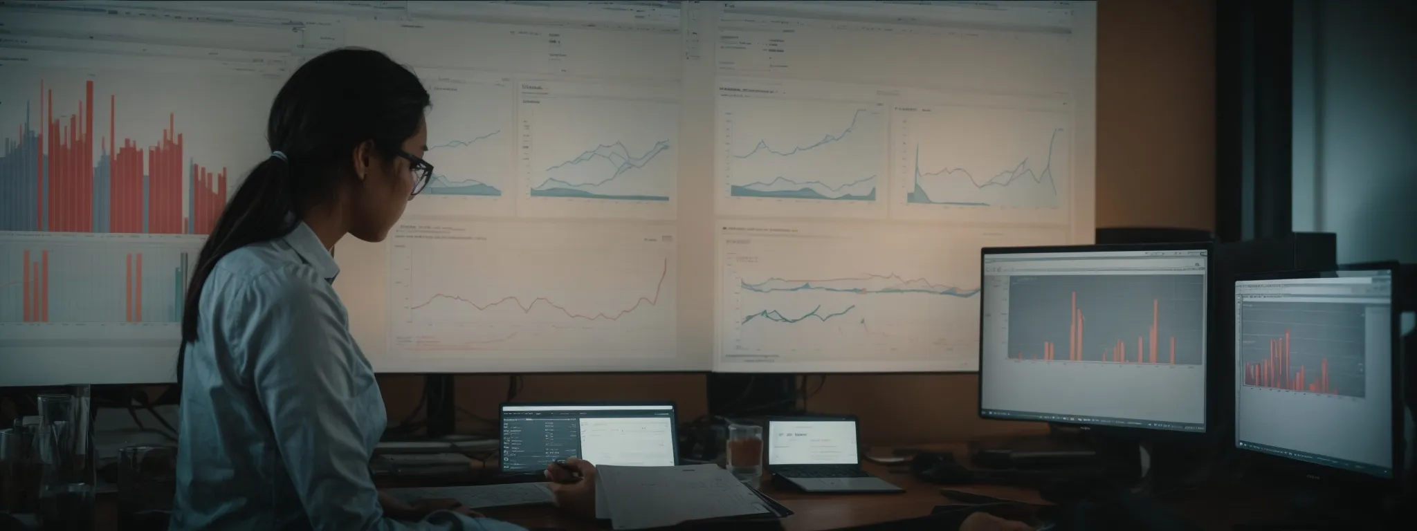 a person analyzing charts and graphs on a computer screen, indicative of website analytics.