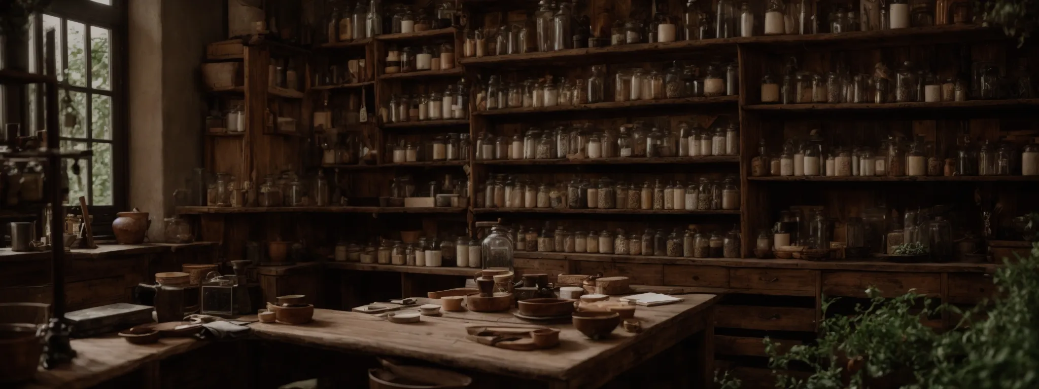a herbalist's workshop with shelves of bottled herbs and a desk with an open book and glasses.