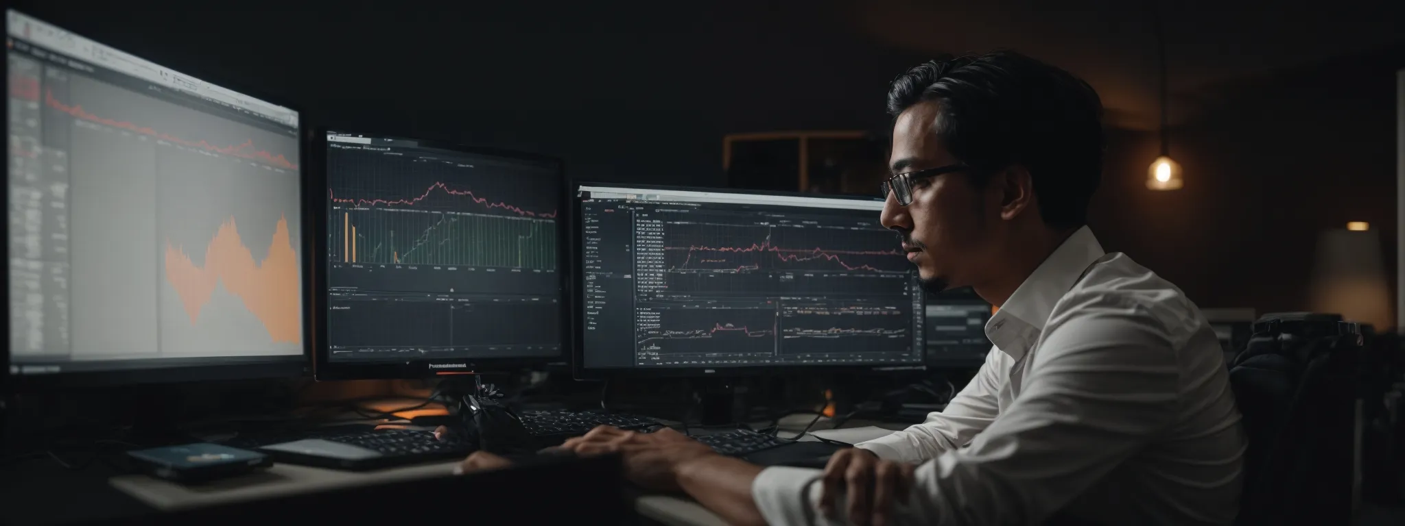 a developer looking intently at a computer screen with analytical graphs showing website performance metrics.