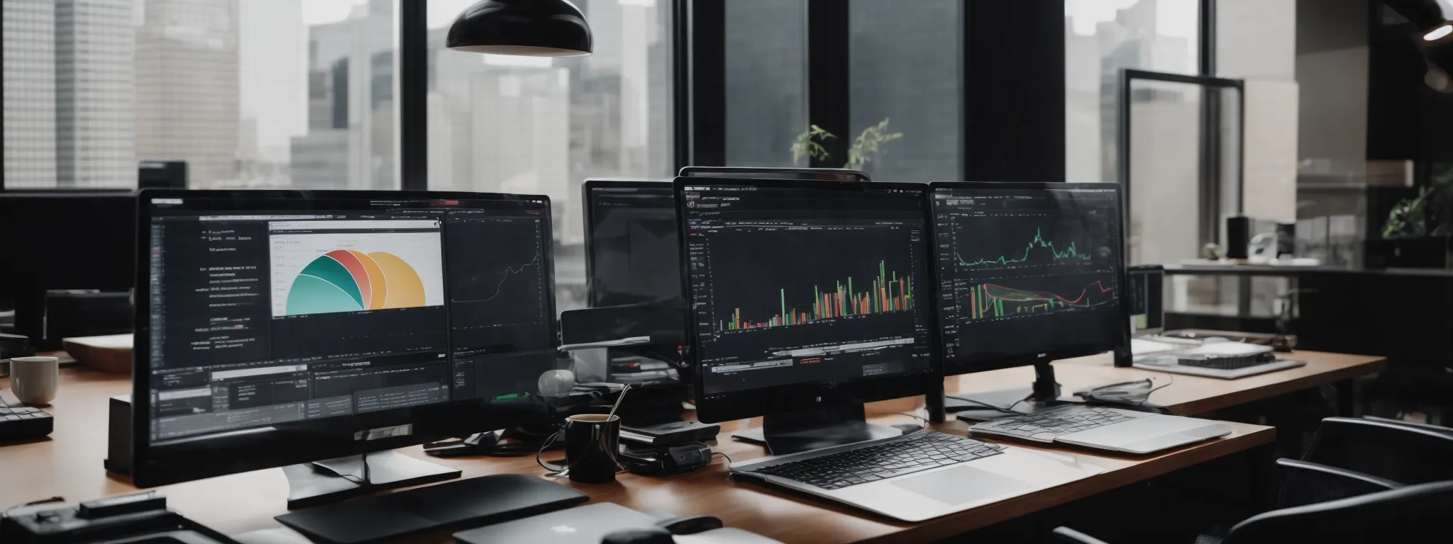 a modern office with an open laptop displaying graphs and charts reflecting website traffic and performance metrics.