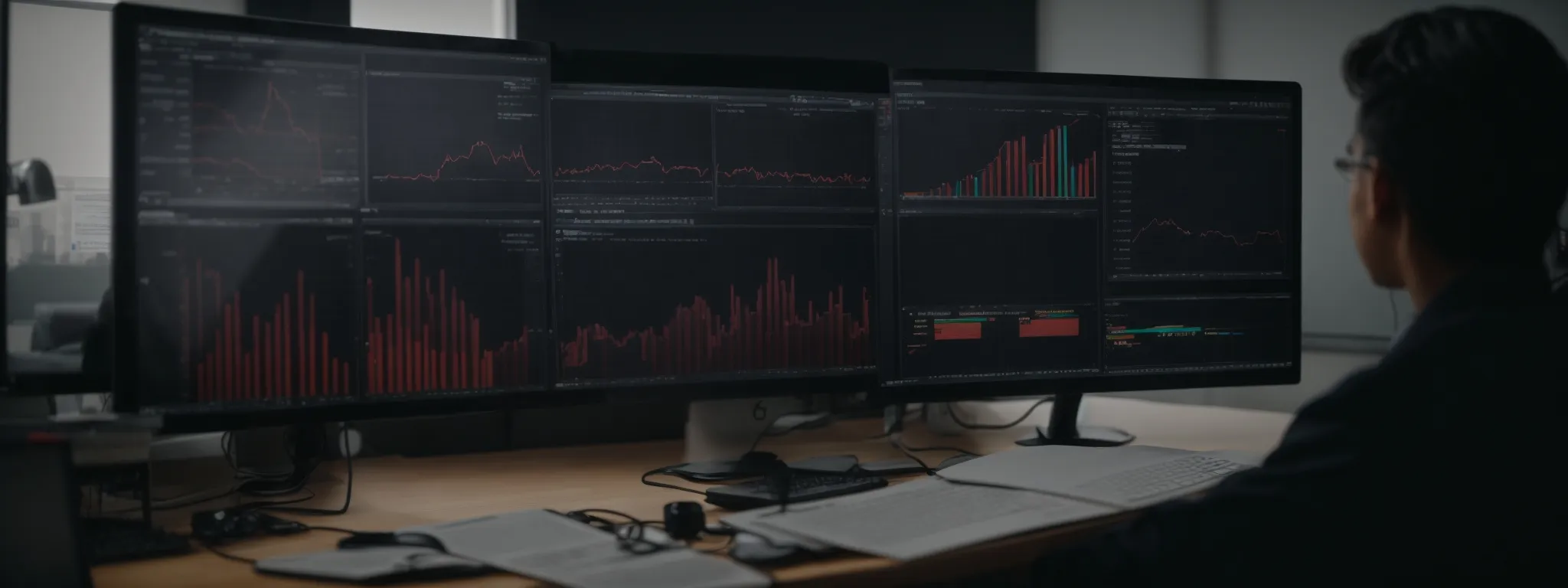 a person sitting before a large computer monitor displaying graphs and keyword analysis software.