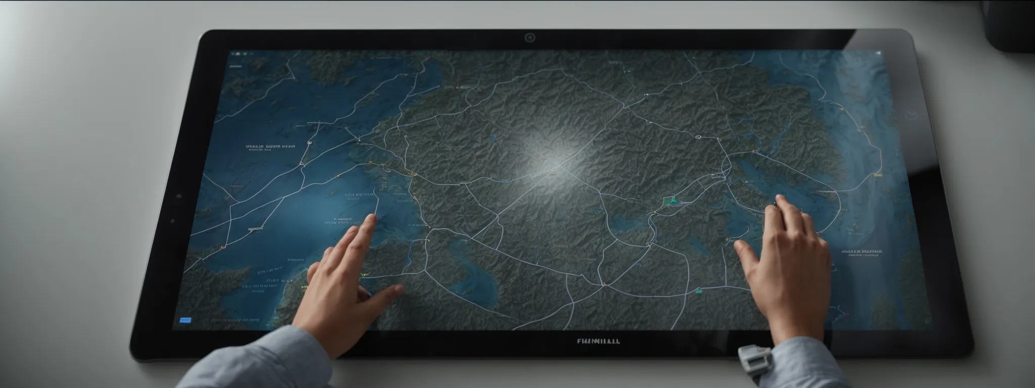 a user joyfully navigating a seamless digital map on an interactive touchscreen table.