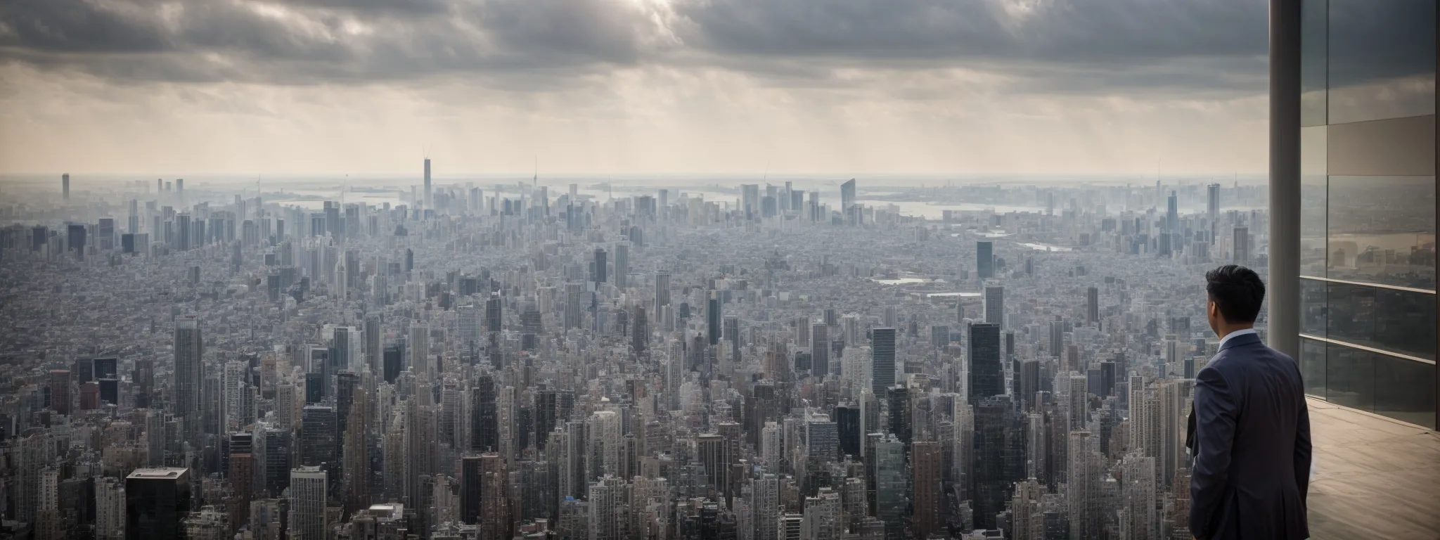 a business person viewing a panoramic skyline of the digital marketing metropolis, illustrating the vastness of the seo landscape.