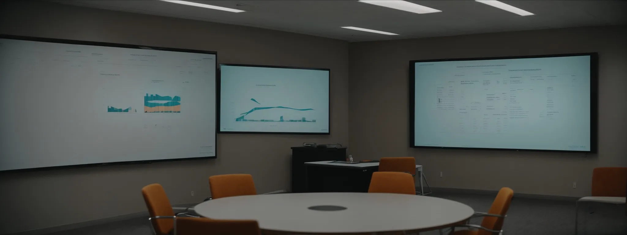 a professional meeting room with awards on the wall and a large screen displaying growth charts.