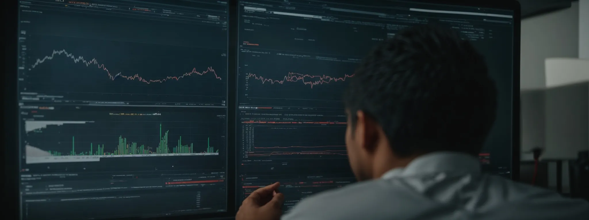 a person scrutinizing a complex analytics dashboard on a computer screen, highlighting search engine ranking positions.