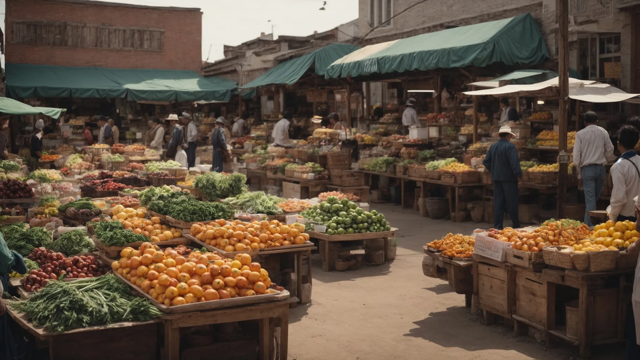 a bustling small town market with a variety of local produce and goods on display.