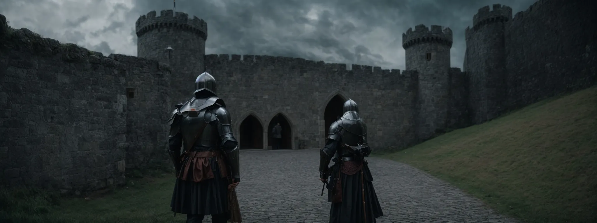 a knight in armor steadfastly guards a castle gate amidst a digital storm.