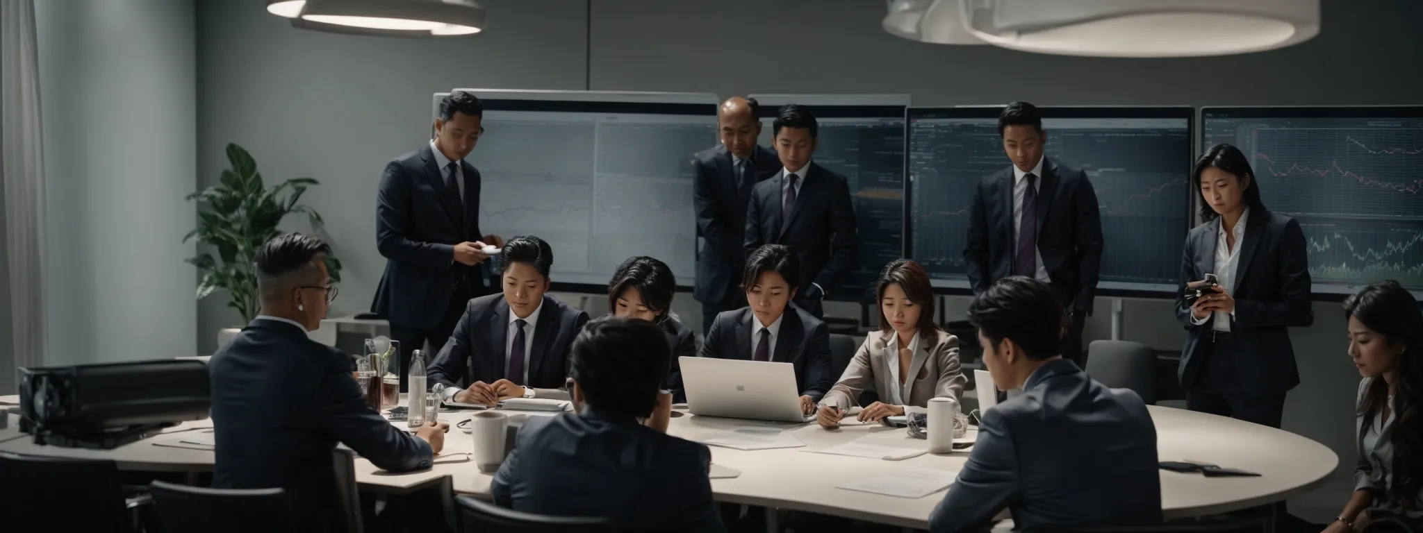 a group of professionals gathered around a conference table, examining charts and graphs on a laptop, showing seo growth.