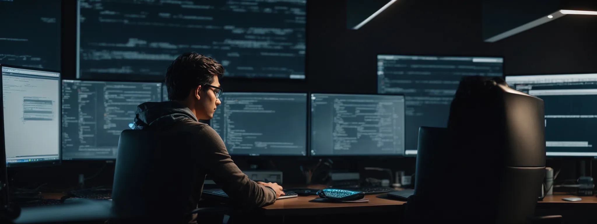 a programmer intently coding on a laptop with dual monitors showing a web application and seo analytics.