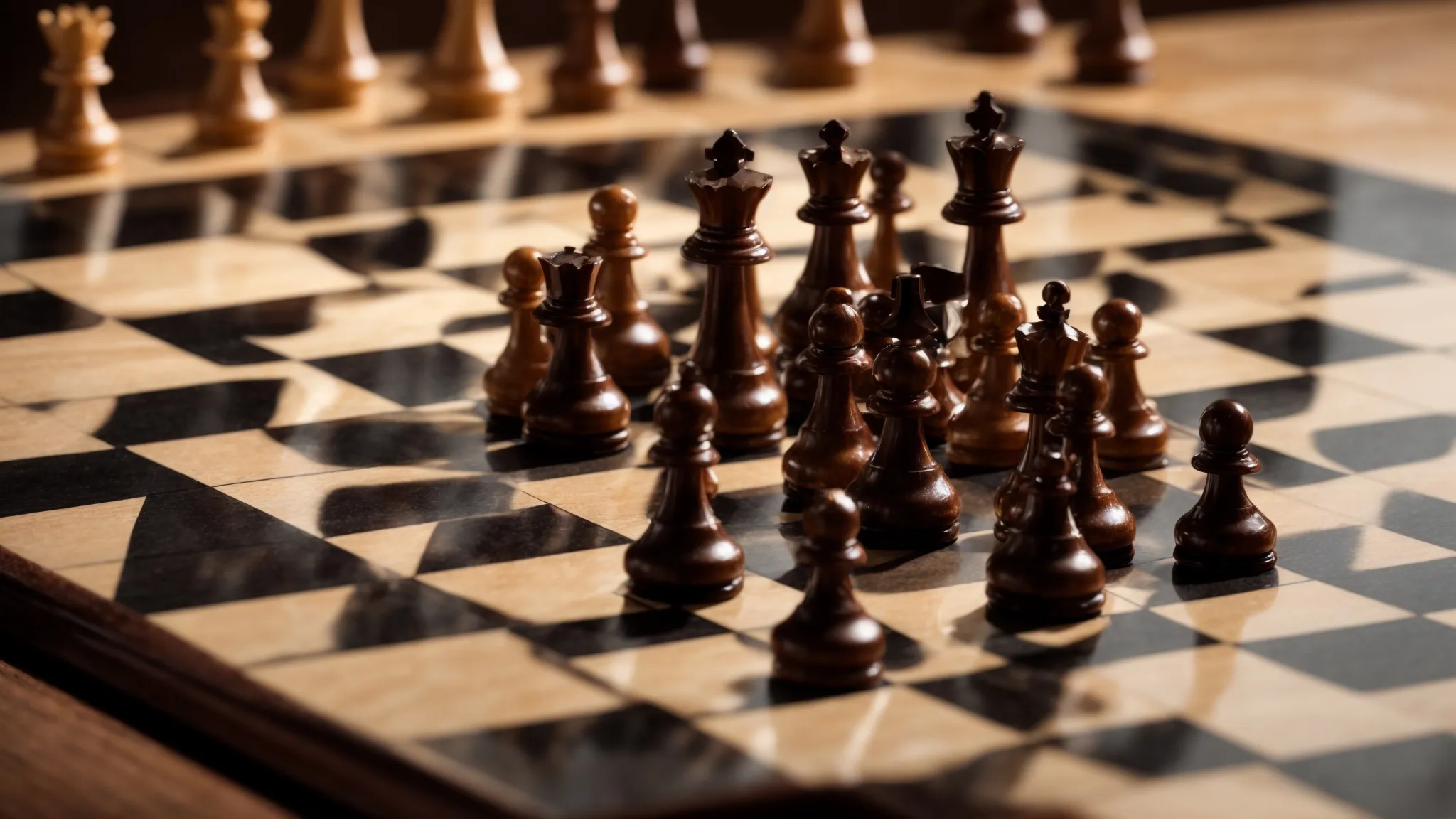 a chessboard with pieces positioned in mid-game symbolizes strategic planning and competition.
