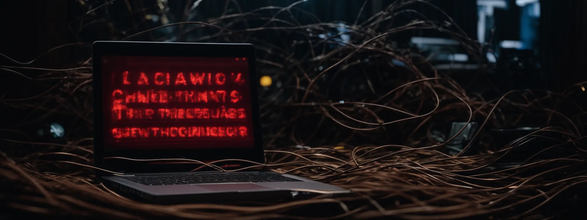 a laptop displaying a warning sign amidst a scene suggesting cyber threats, with a tangle of wires and shadowy figures in the background.