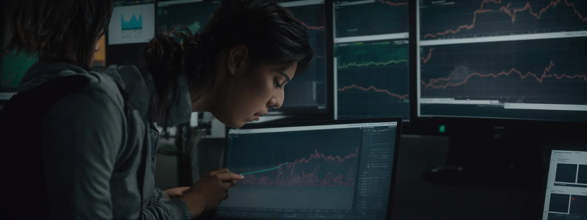 a focused individual examining comprehensive graphs and charts on a computer screen that represent keyword performance analytics.