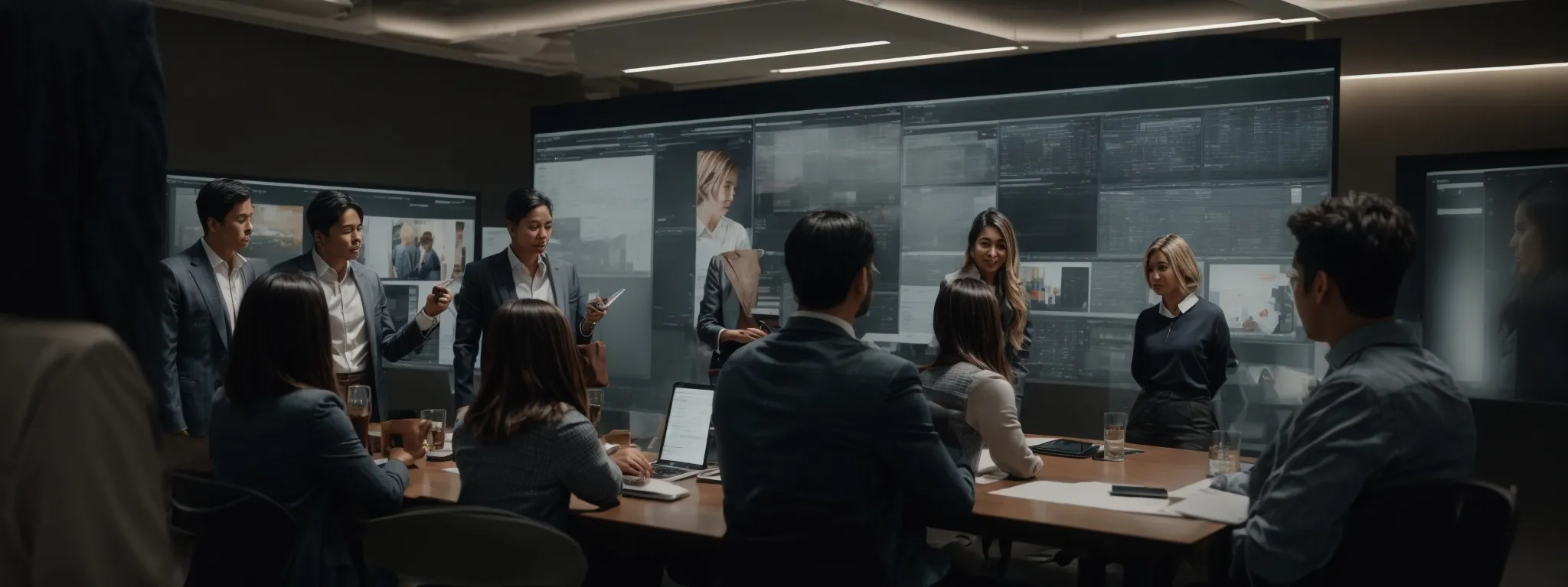 a dynamic group of professionals collaboratively brainstorming over a digital marketing strategy on a large interactive screen with a web search display.