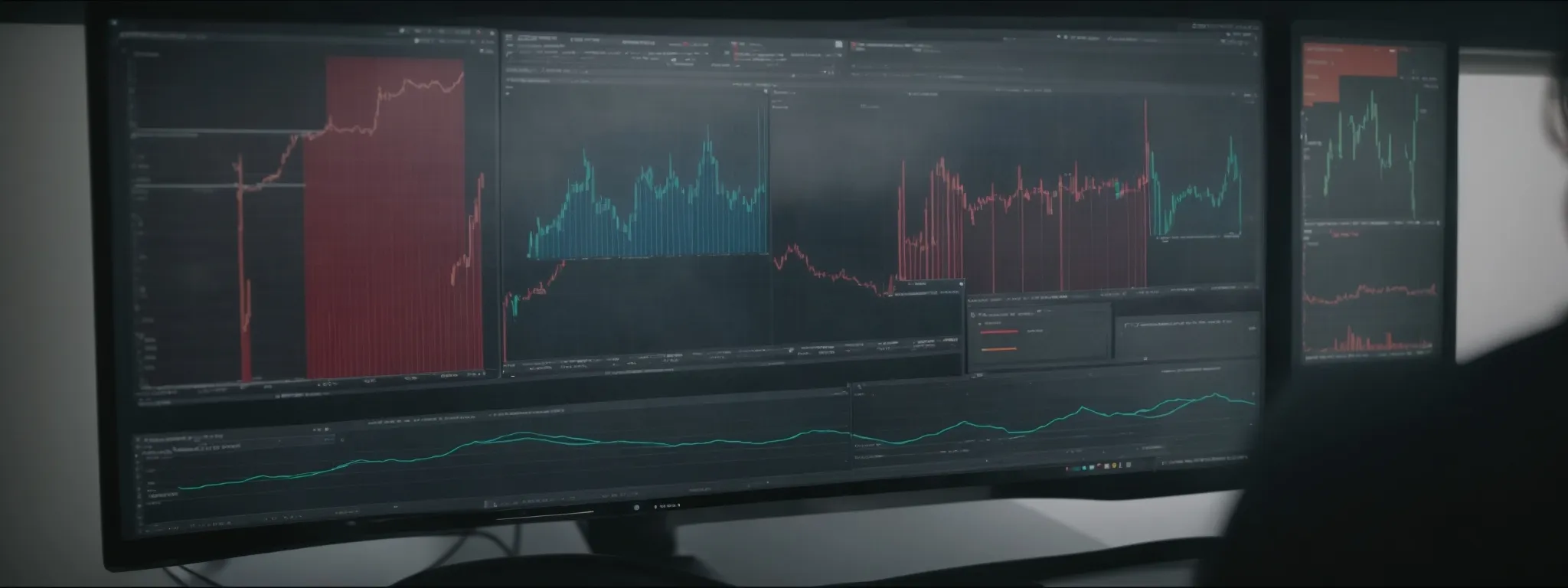 a person studying multiple graphs and charts on a computer screen reflecting website traffic and search engine rankings.