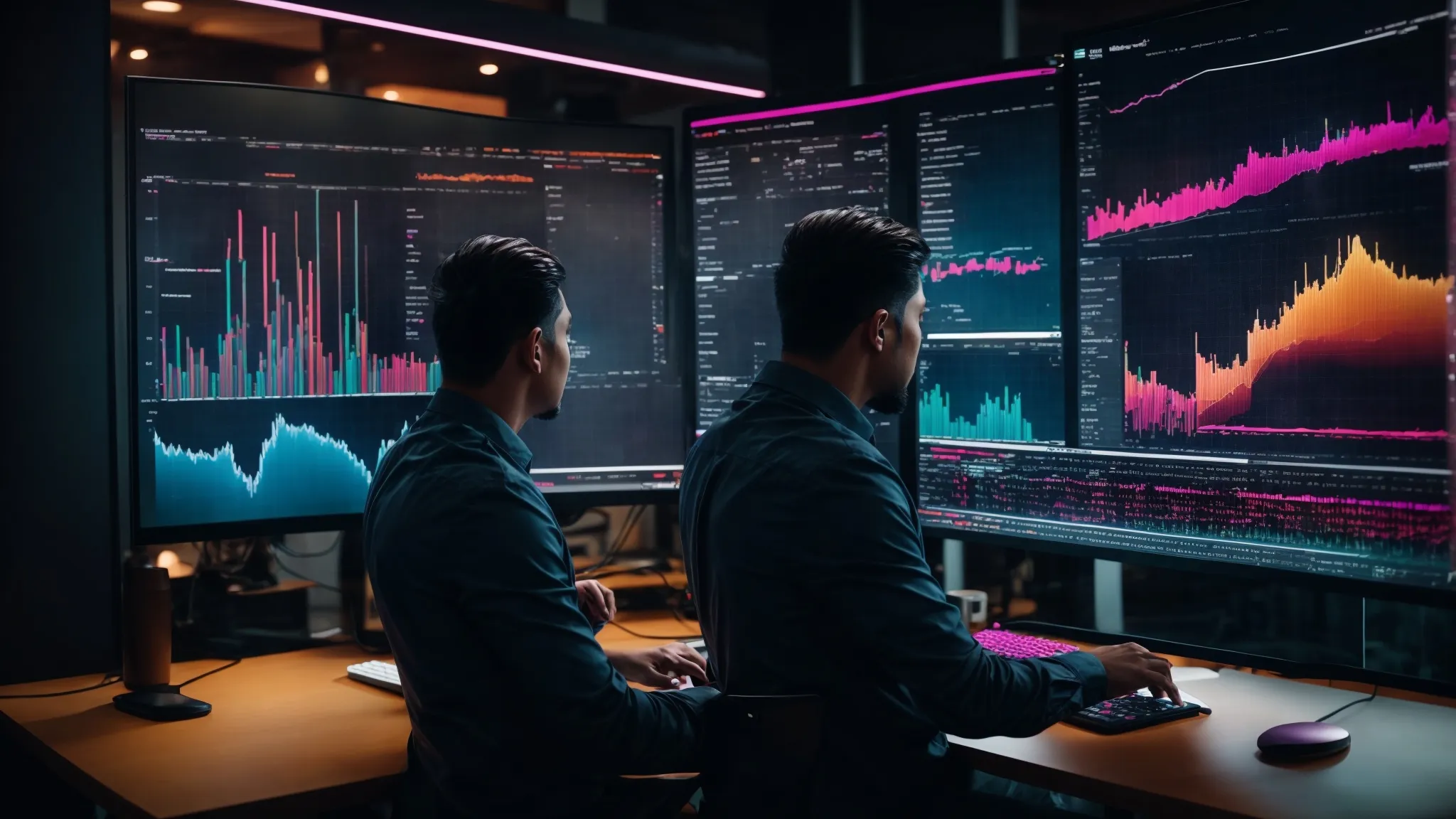 a digital marketing expert analyzes a colorful data dashboard on a computer screen, strategizing seo tactics.