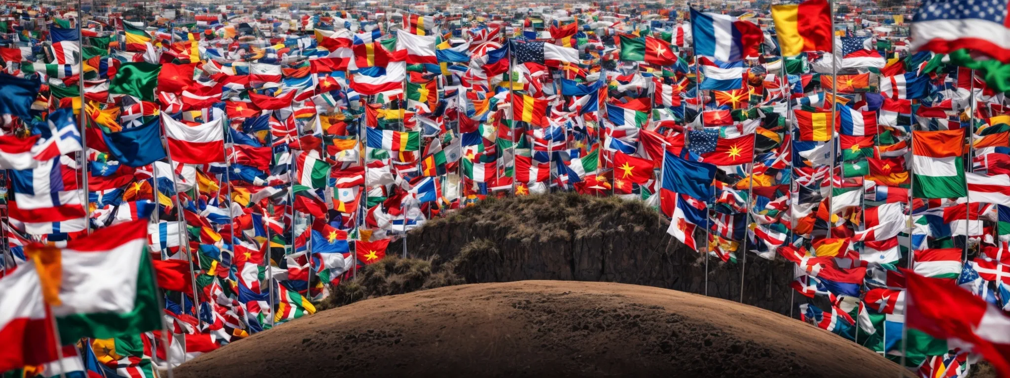 a globe surrounded by multiple flags indicating a focus on international reach and diversity.