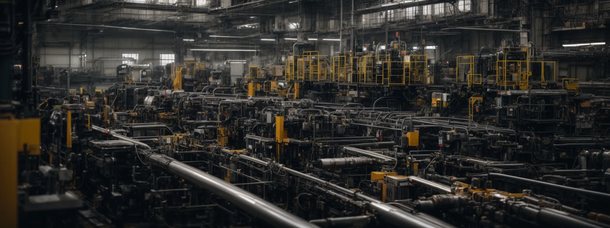 a factory floor bustling with machinery interlinked by a network of steel and wires illustrating the synergy between manufacturing and digital strategy.