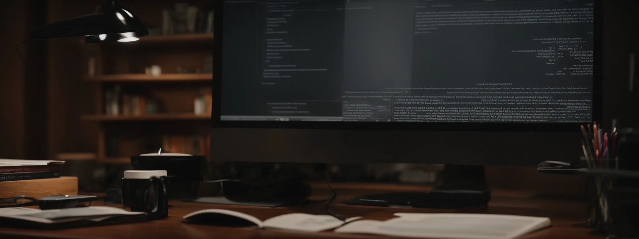 a study desk with a computer displaying search results on a screen, symbolizing the digital realm where seo optimization takes place.