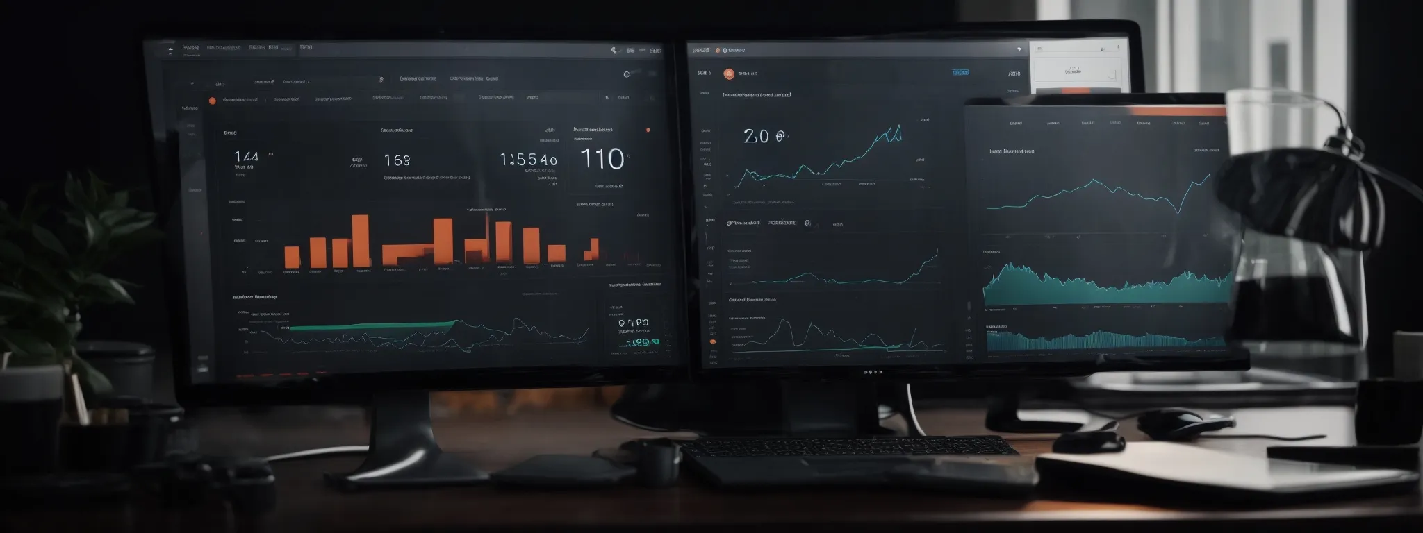 a sleek computer dashboard displaying seo analytics with uptrend graphs symbolizing improved website performance.