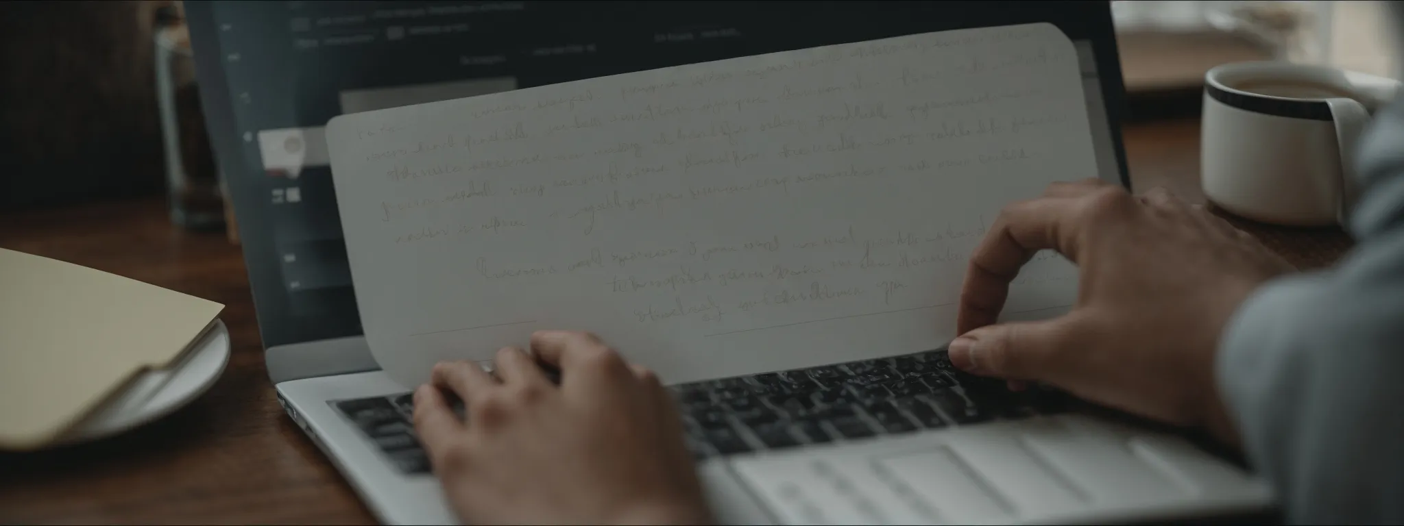 a person typing on a laptop with an open notebook beside them, displaying handwritten notes about seo strategies.