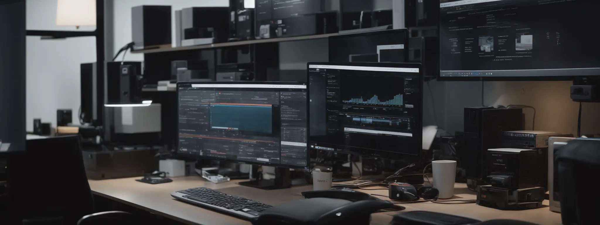 a modern, ergonomic office setup with a computer displaying a search engine on the screen, surrounded by ai devices like smart speakers and a mobile phone.