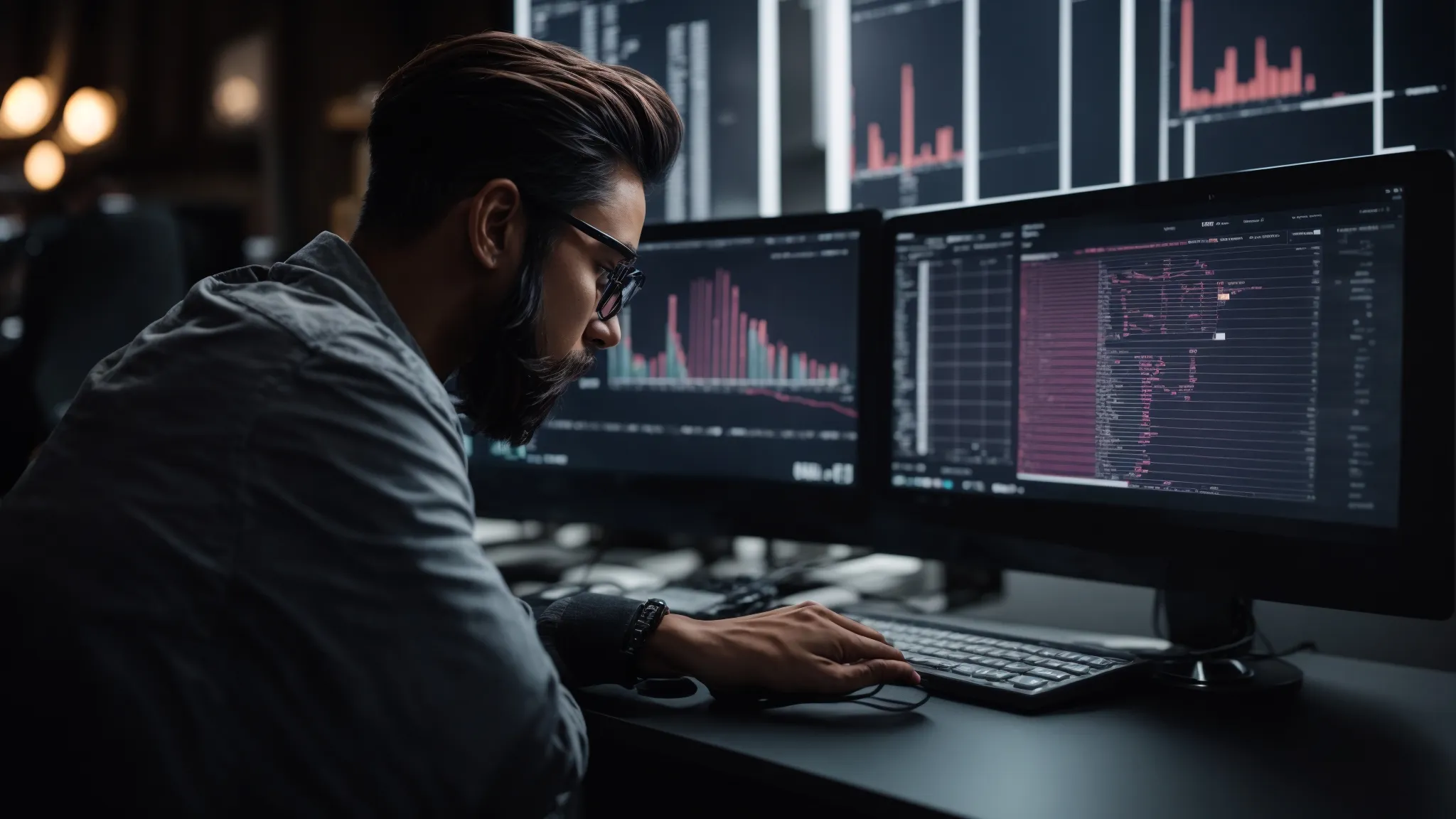 someone intently using a computer to analyze graphs and data on digital marketing trends.