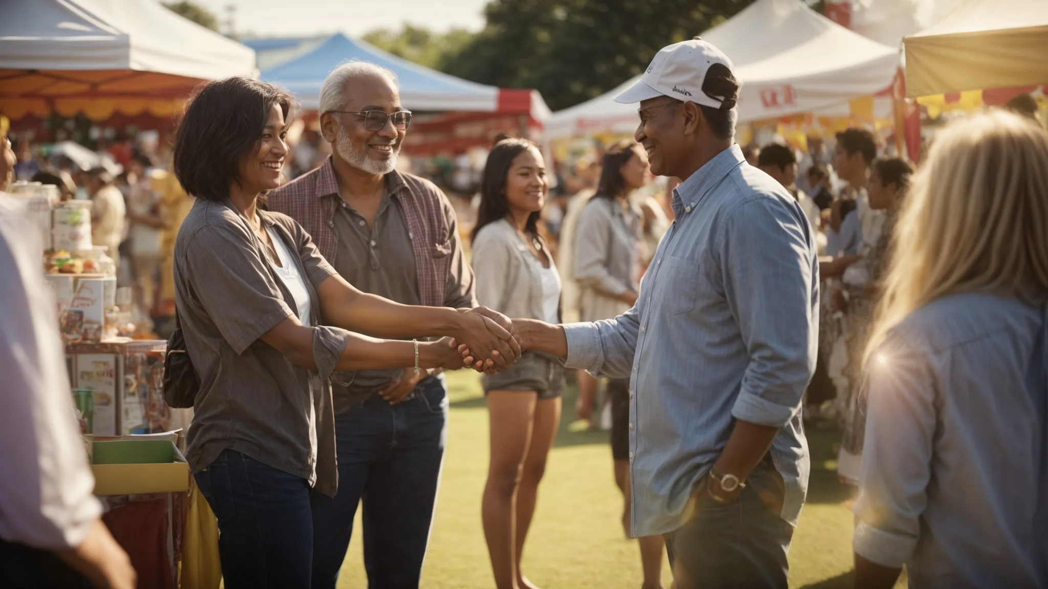 local business owners shake hands at a community fair under bright sunlit banners.