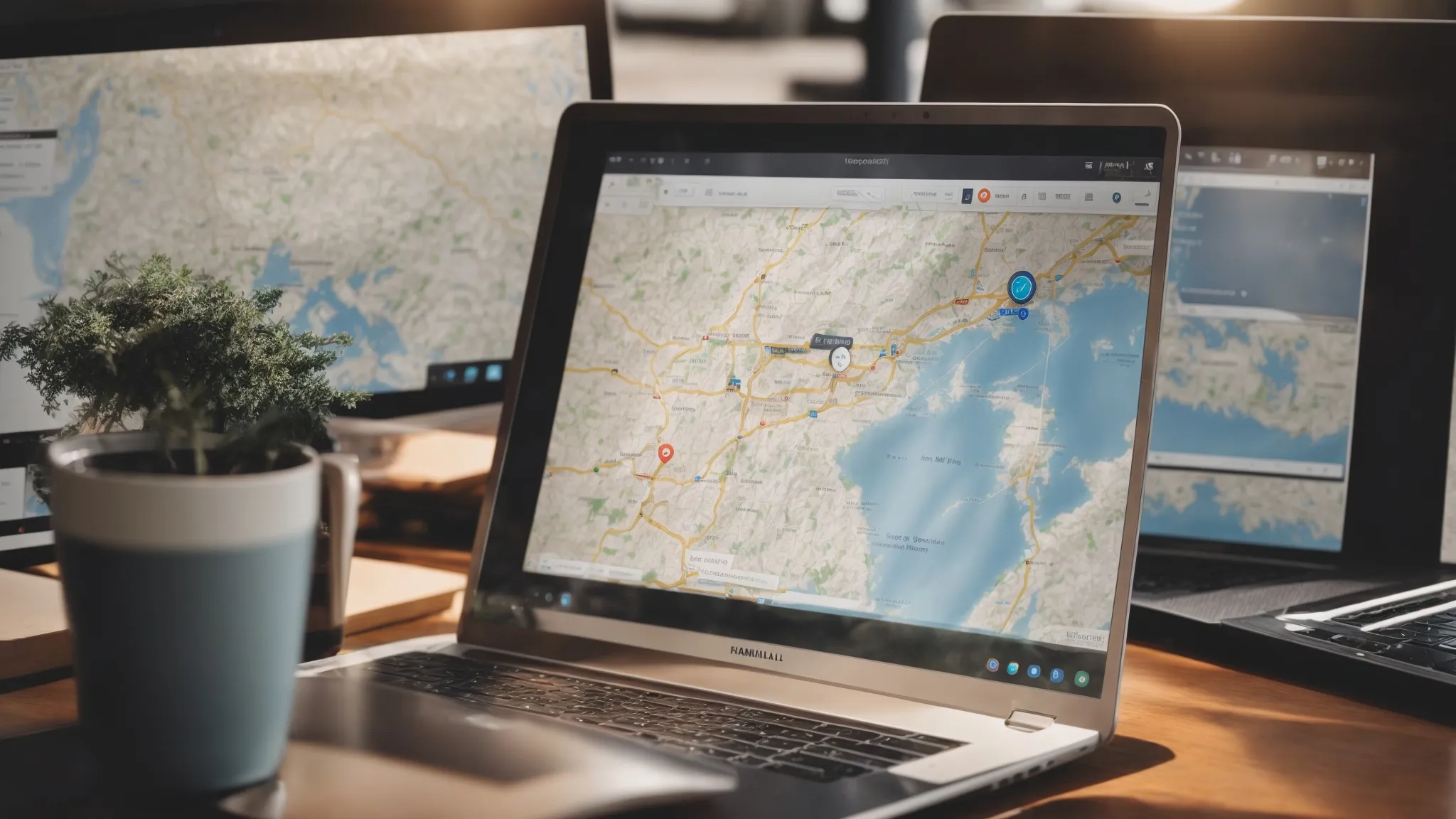 a high-powered laptop open with multiple tabs displaying seo tools and a map pinpointing local businesses on its screen.