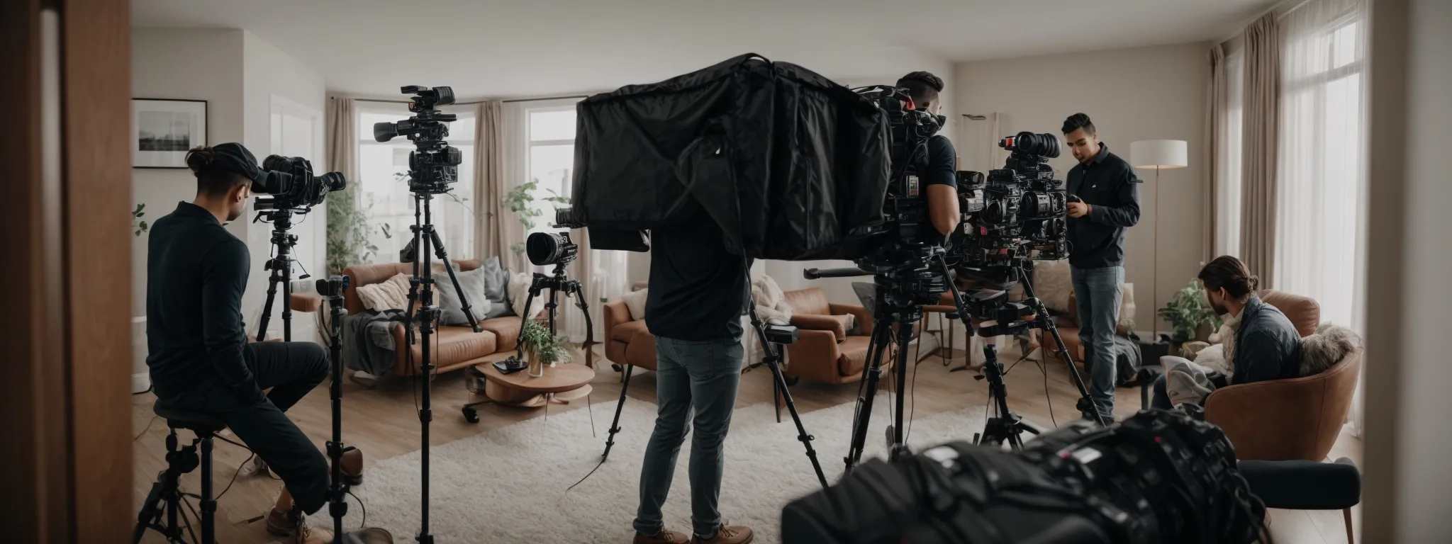 a production team setting up professional filming equipment inside a modern living room for a high-quality video shoot.