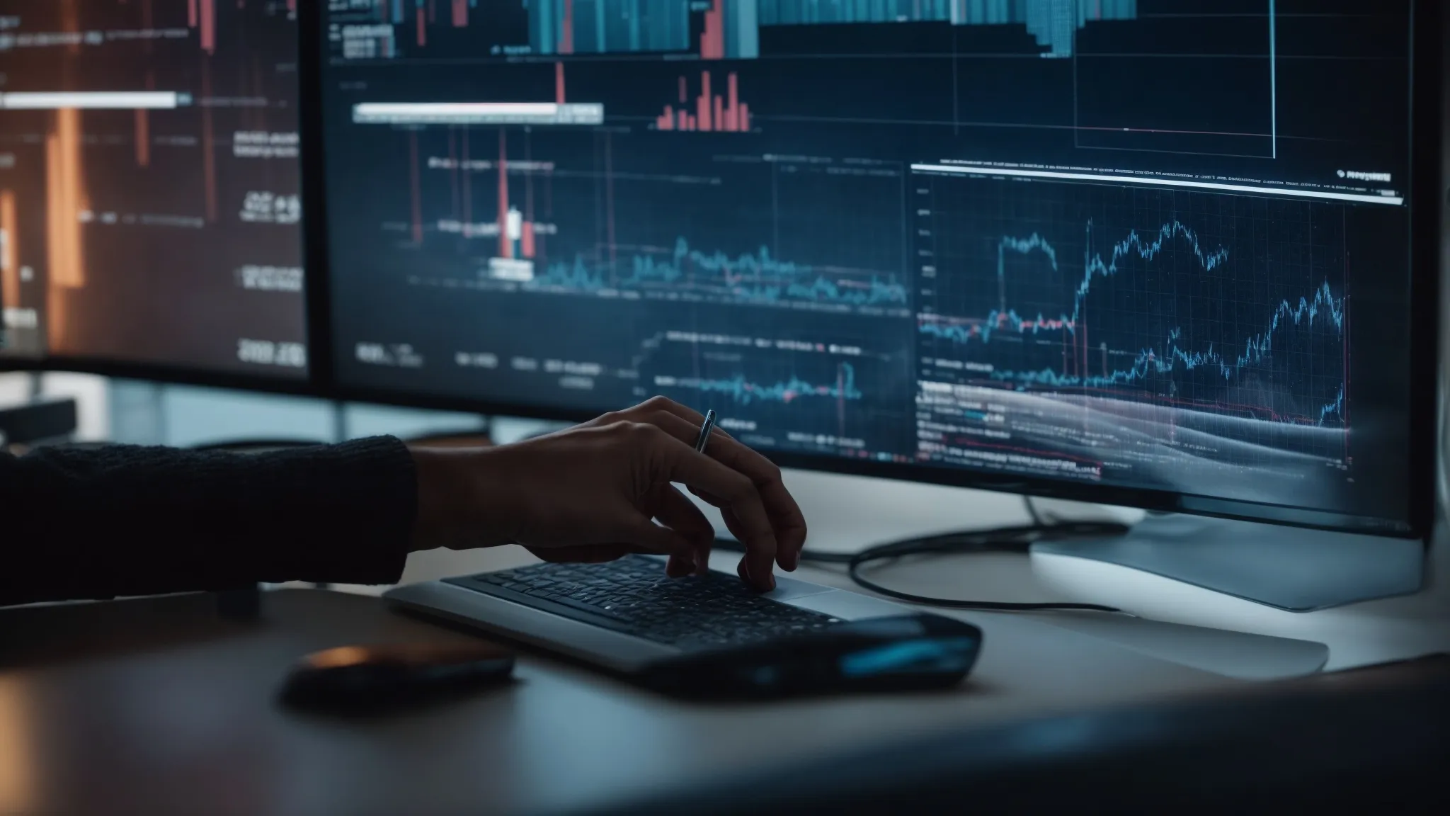 a digital marketer analyzes data on a computer screen reflecting a successful seo and social media campaign graph.