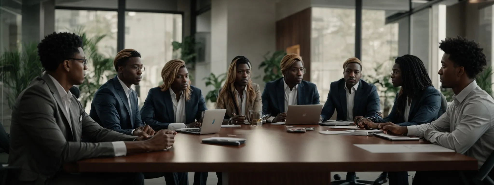 a diverse group of professionals gathered around a conference table, attentively discussing a strategy over a large, open laptop.