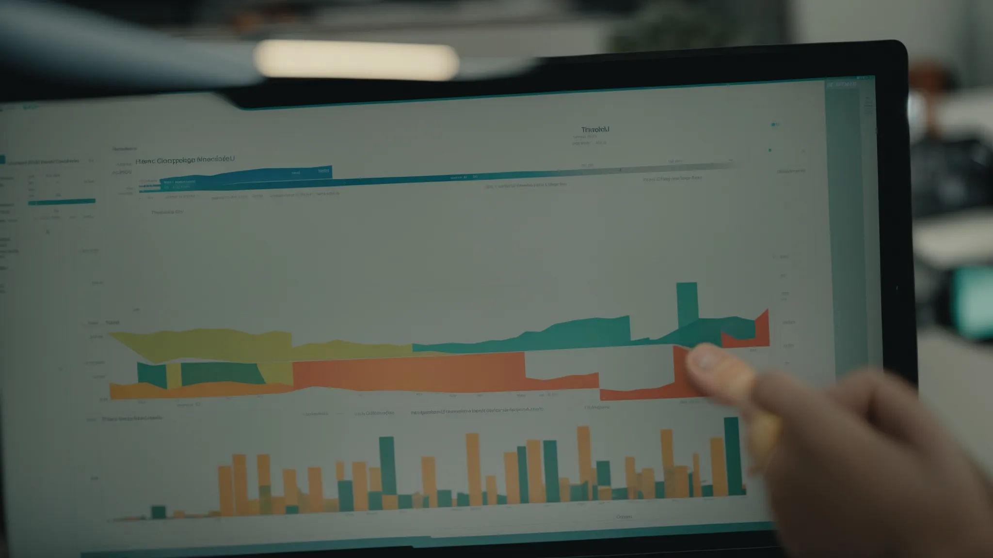 a person points to a chart showing growing revenue trends on a computer screen during a marketing strategy meeting.