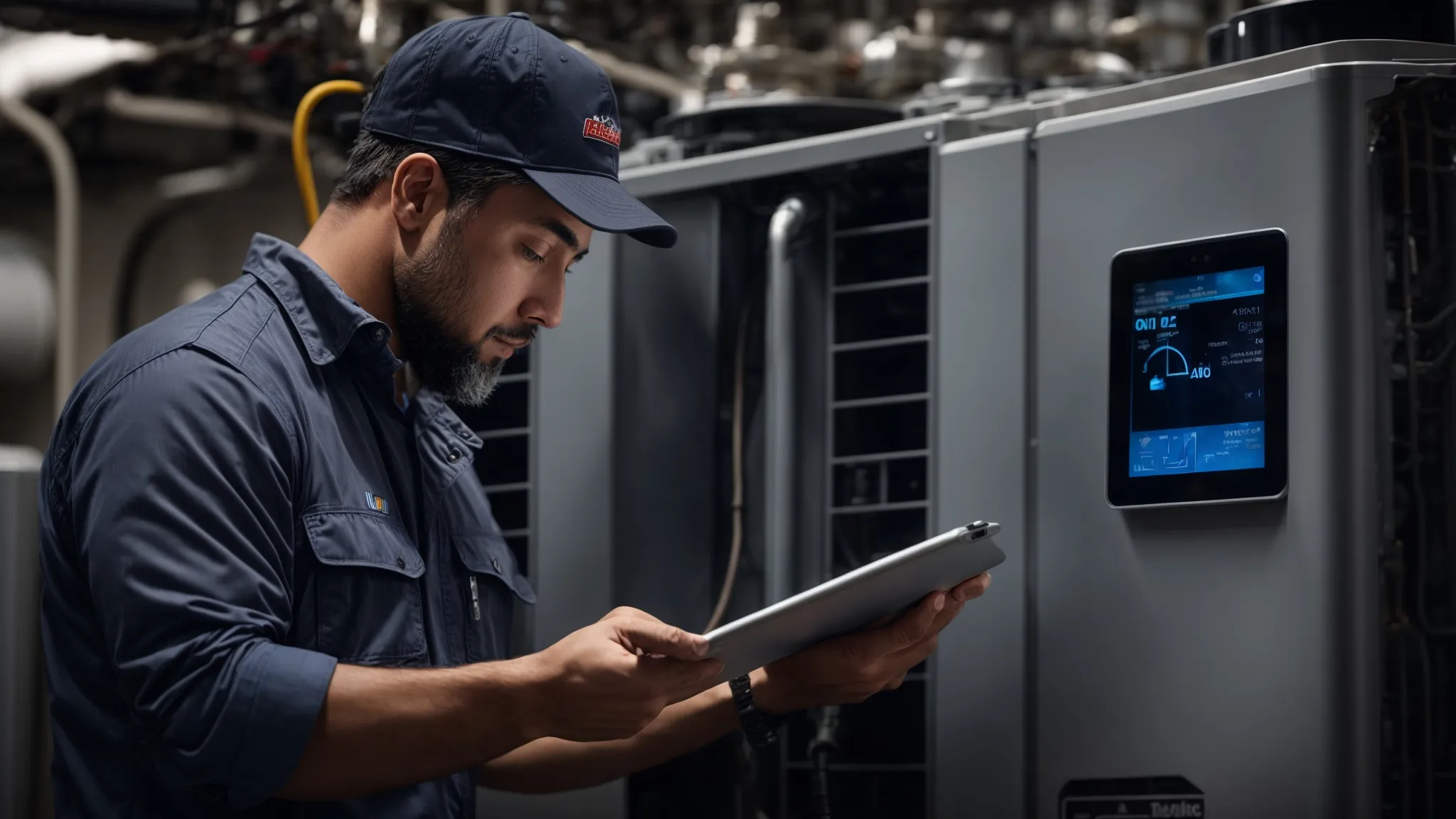 a professional hvac technician consulting a digital tablet while servicing a large heating and cooling unit.