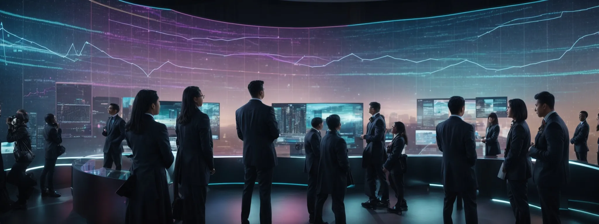 a diverse group of professionals congregates around a futuristic holographic display showing a graph that signifies growth and innovation.