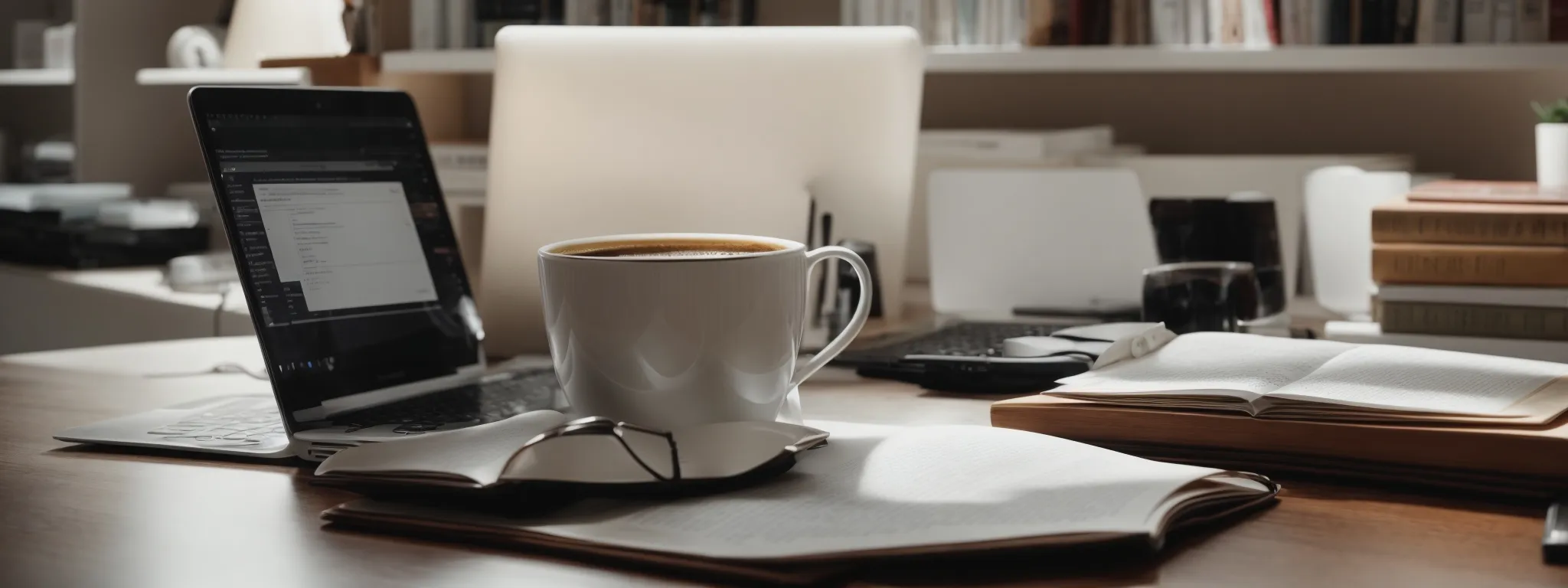 a clean, well-organized desk with an open laptop displaying a pdf document, surrounded by reference books and a cup of coffee.