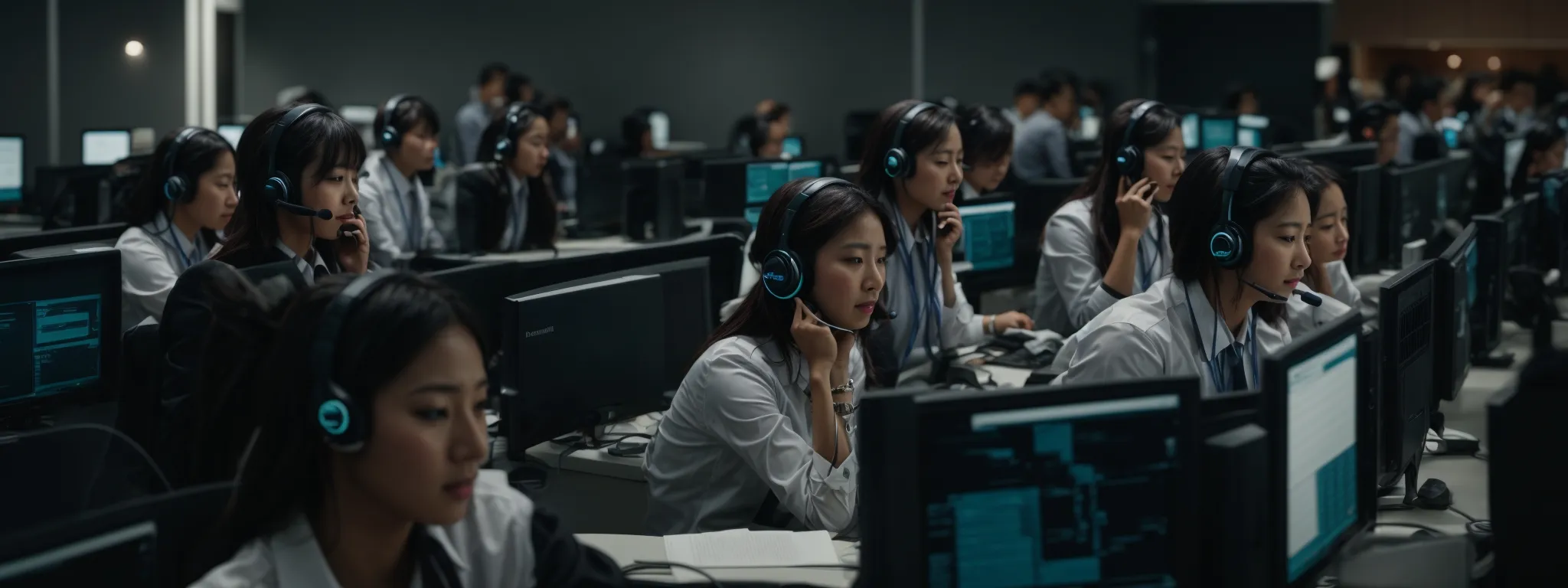 a line of customer service representatives with headsets engaged in calls, surrounded by multiple computer screens displaying call data analytics.