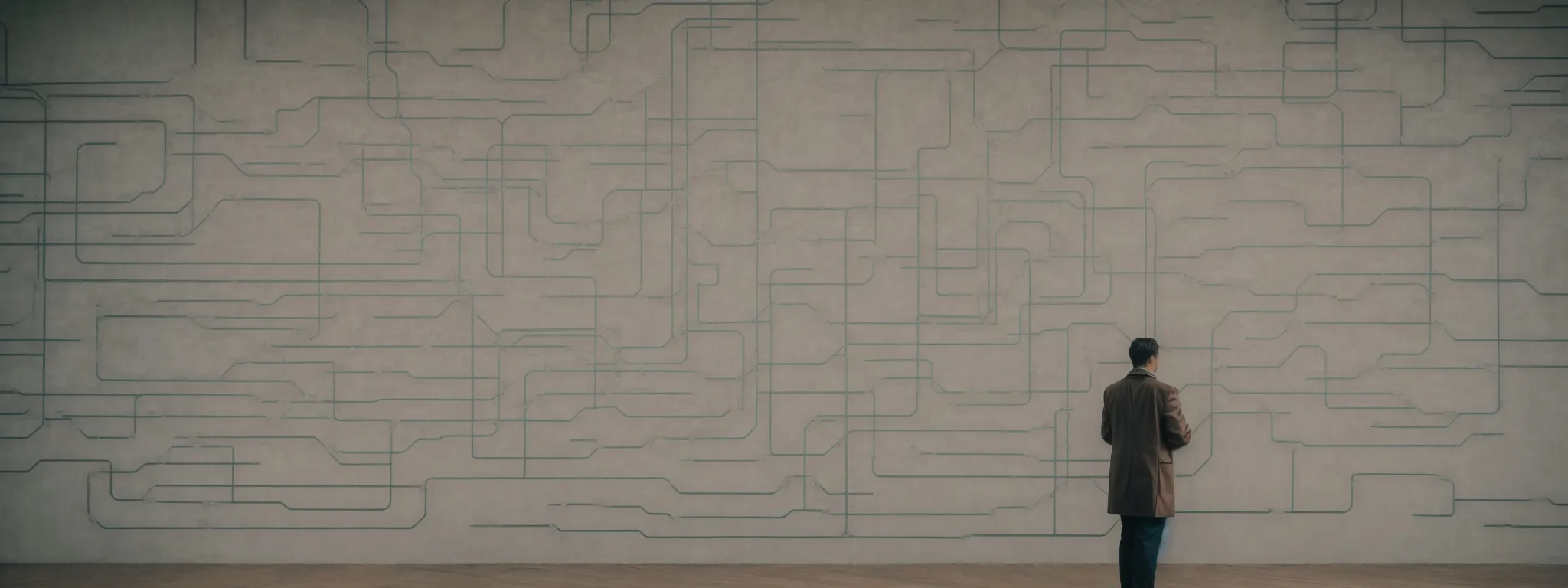 a person standing in front of a large, maze-like flowchart on a wall, analyzing the interconnected web of pathways.