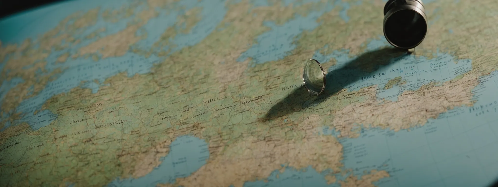 a globe and a magnifying glass poised over a map, symbolizing the dual focus on global and local markets.