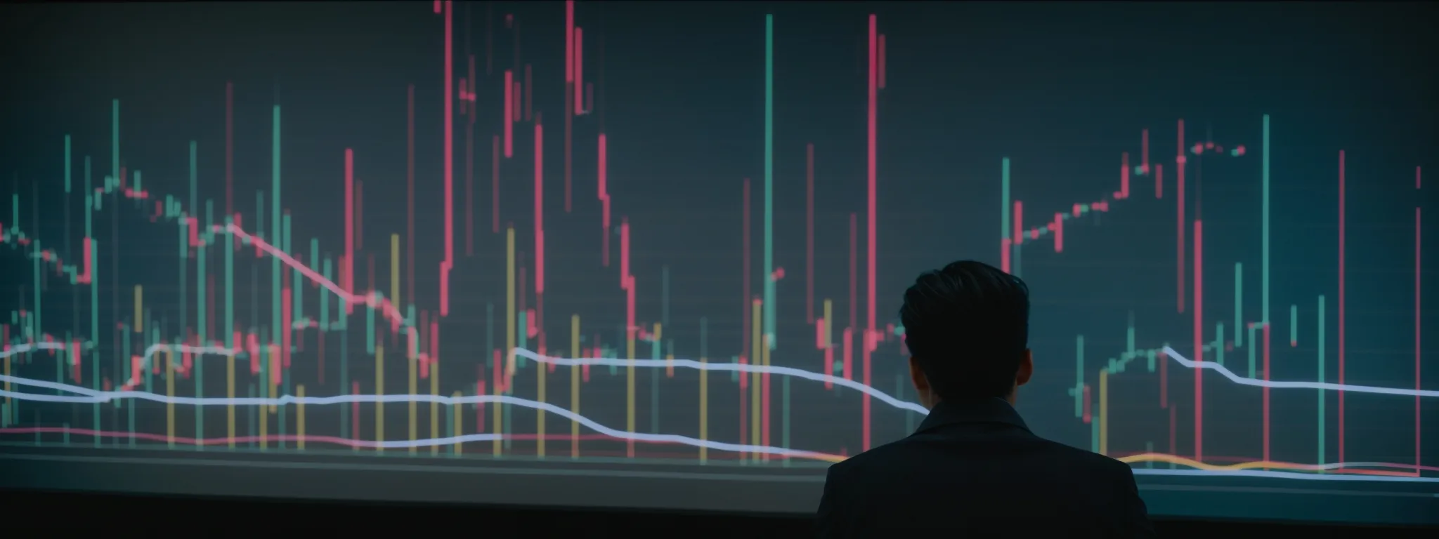 a person gazing intently at a computer screen that displays colorful line graphs and trend data.