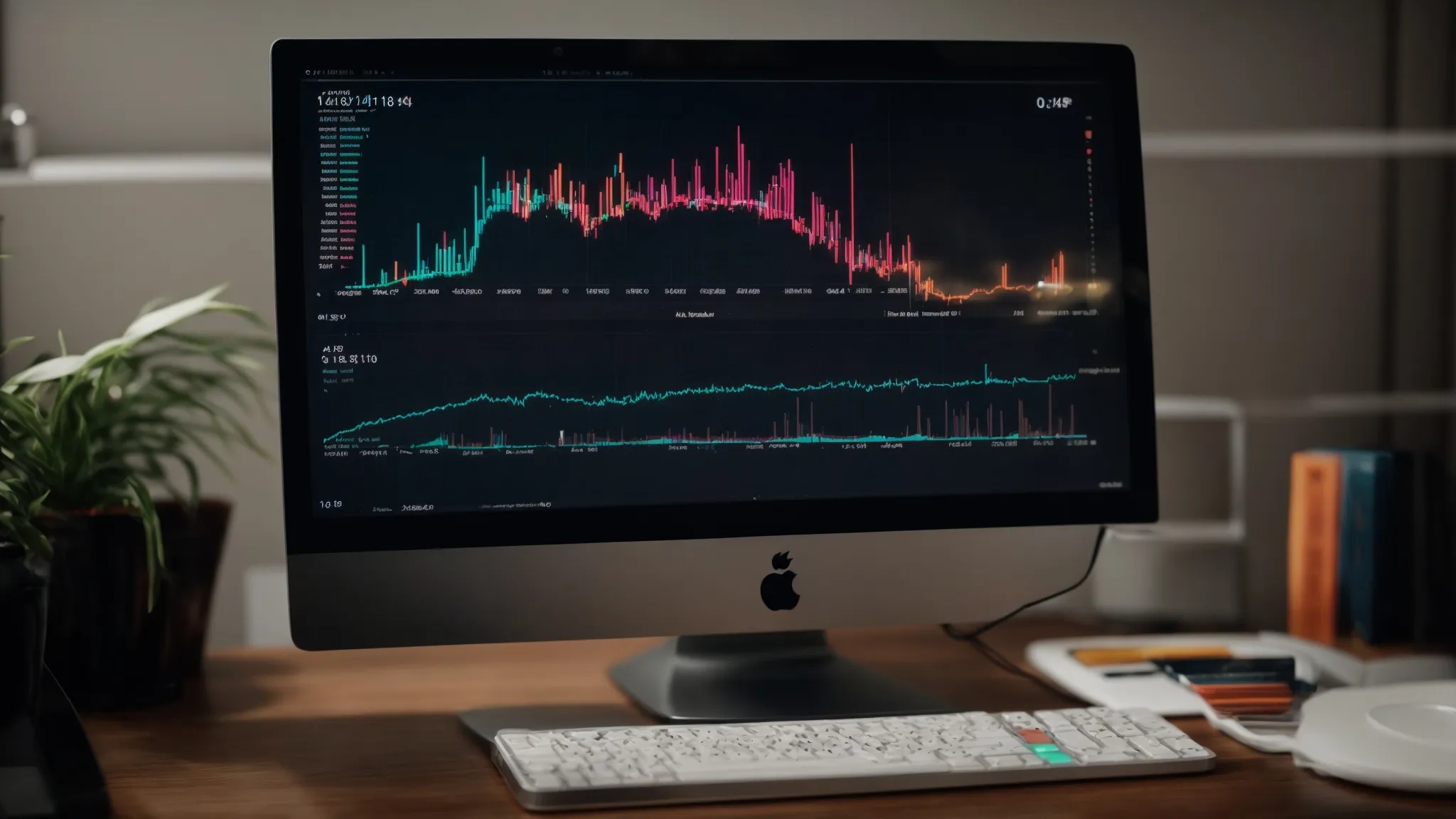 a computer screen displaying colorful line graphs rising and falling, representing website analytics.