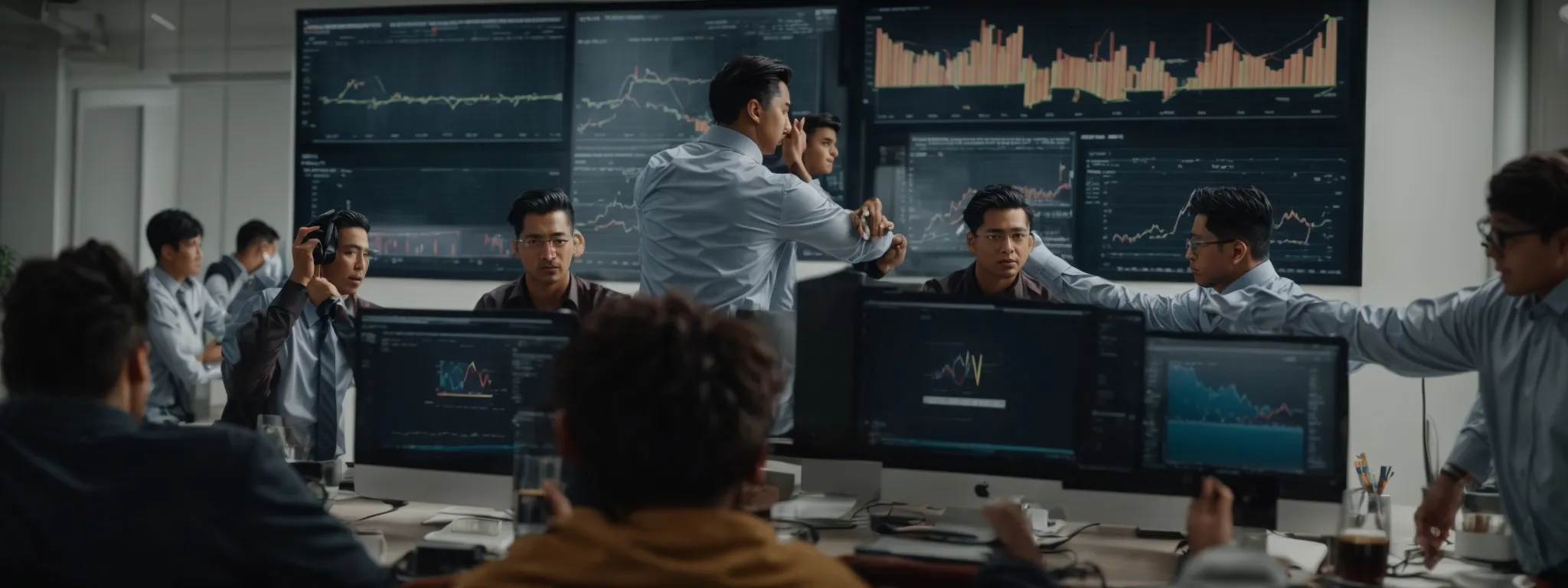 a team celebrates around a computer displaying rising analytics graphs, symbolizing digital marketing success.