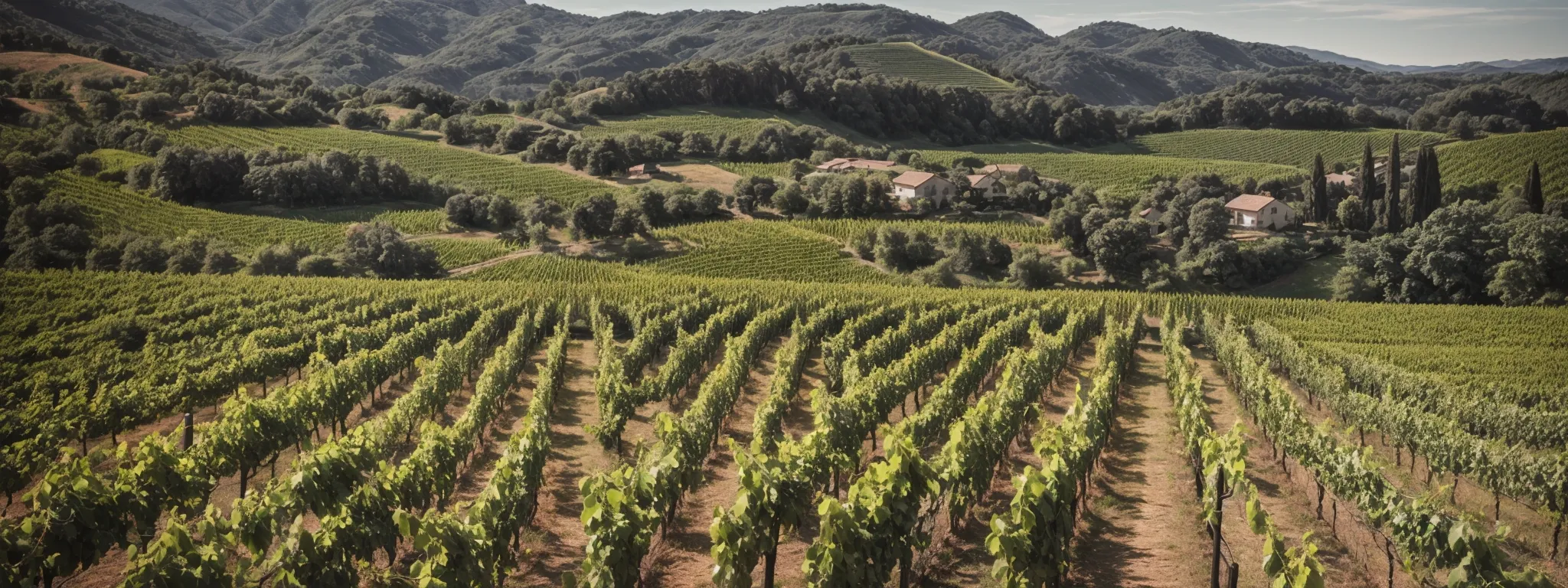 a vineyard panoramic view under a clear sky, illustrating the serene atmosphere of a winery awaiting discovery through online search.