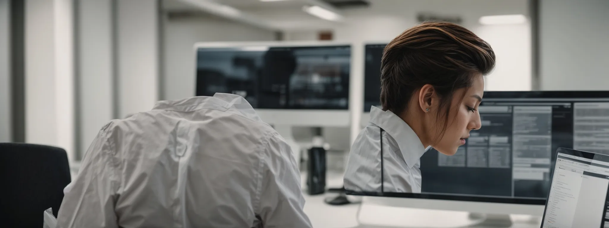 a young professional is intently browsing a freshly updated website on a sleek, modern computer in a minimalist office.