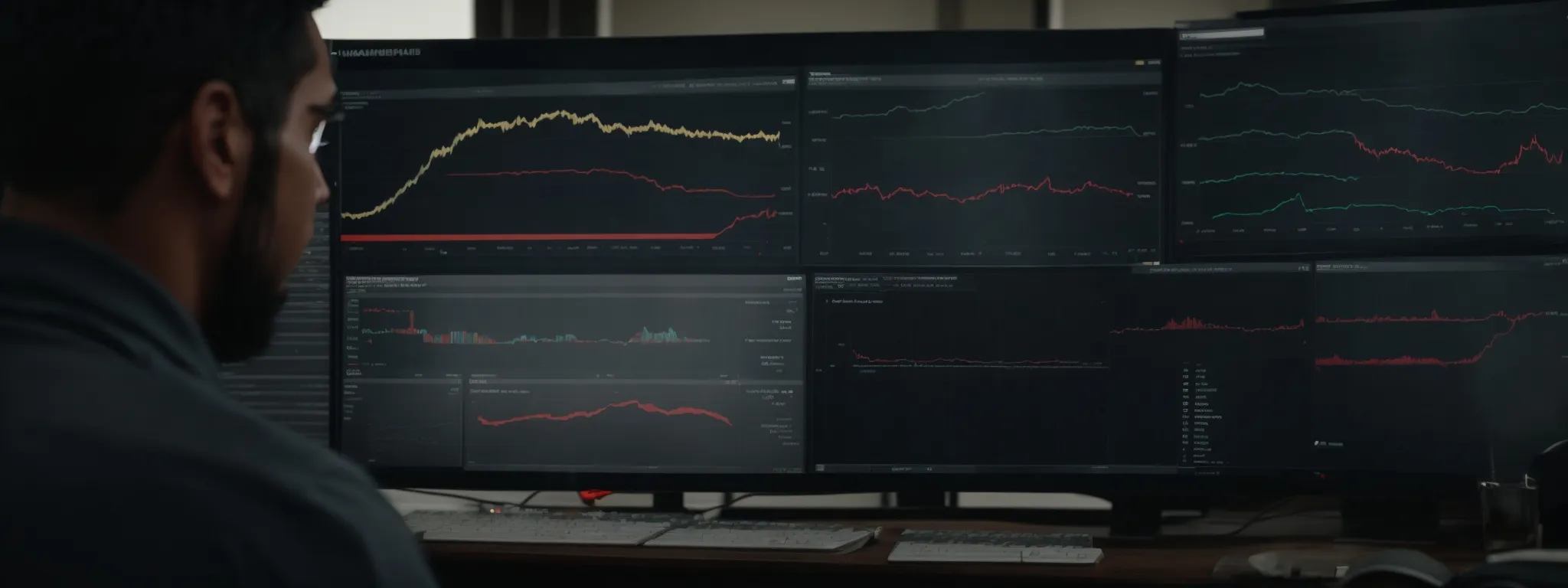 a team intently analyzes a dashboard displaying various performance metrics and graphs.