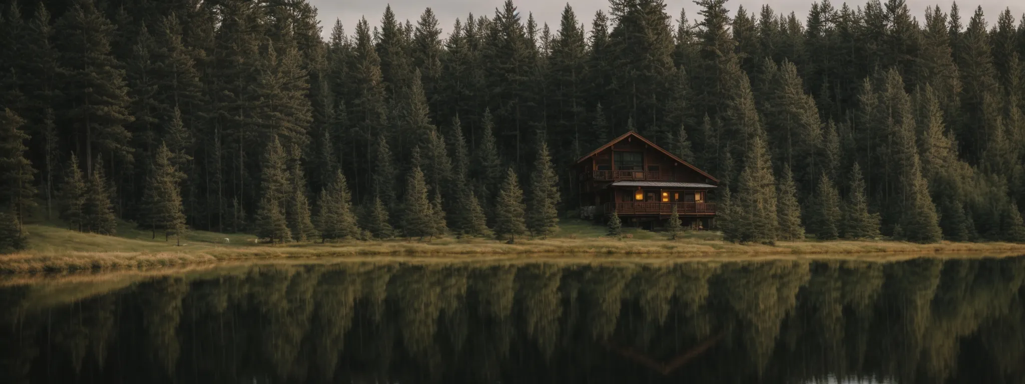 a serene lakefront cabin surrounded by whispering pines, reflecting a tranquil getaway spot.